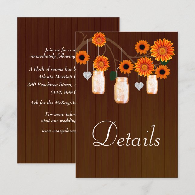 Dunkle rustikale Orange Floral Mason Jars Details Begleitkarte (Vorne/Hinten)