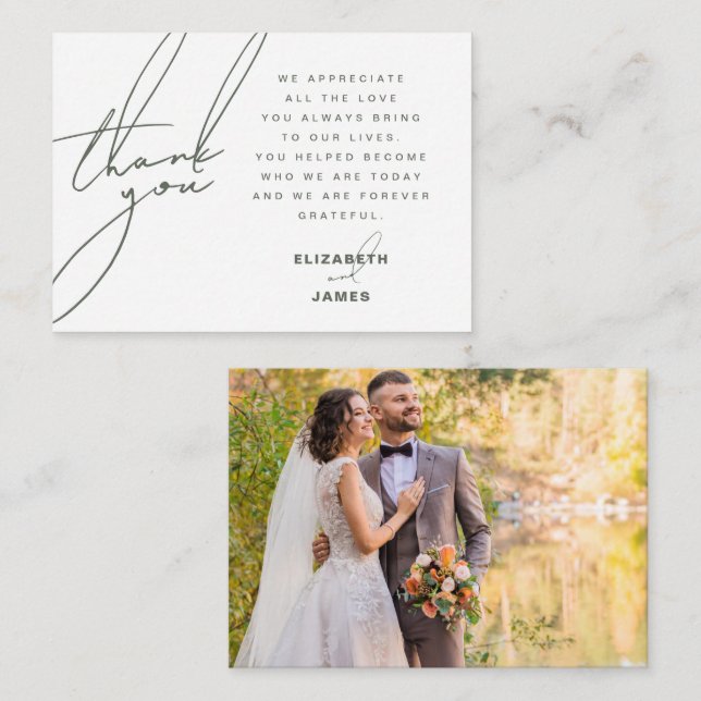 Dunkle Sage Minimalistische Foto Hochzeit Danke Ka Mitteilungskarte (Vorne/Hinten)