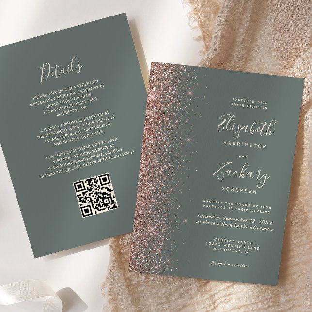 Dunkle Salbeigrüne Roségold Glitter QR Code Hochze Einladung (Von Creator hochgeladen)