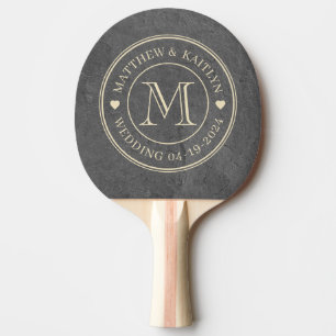 Dunkle Schieferstein-Hochzeitsmonogramm-Herz Tischtennis Schläger