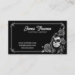 Dunkle Schwarz-Weiß-Frau-Totenkopf-Tätowiererin Visitenkarte
