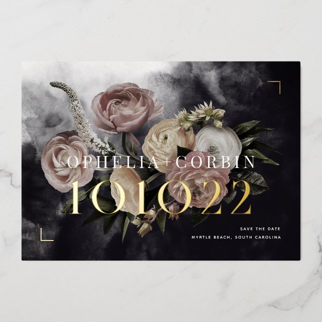 Dunkle schwarze Rose Bouquet Hochzeit speichern Si Folieneinladung (Vorderseite)