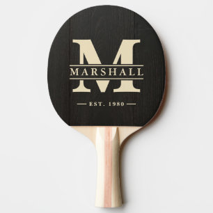 Dunkle Schwarzholz-Monogramm- und Namensauflage Tischtennis Schläger