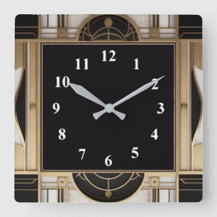 Dunkle Square Art Deco Uhr in Schwarz-weiß und Gol