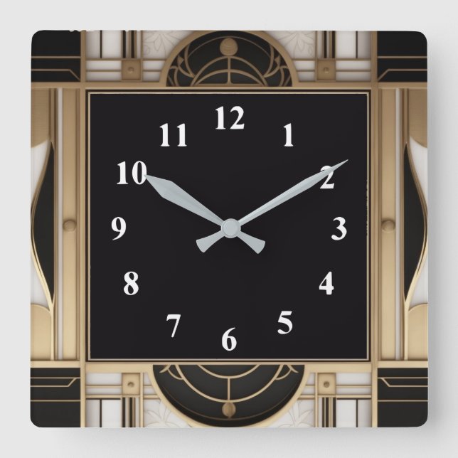 Dunkle Square Art Deco Uhr in Schwarz-weiß und Gol (Vorderseite)