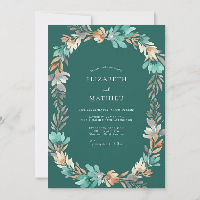 Dunkle Teal-Blatt-Hochzeit Einladung (Vorderseite)