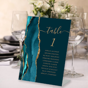 Dunkle Teal Blau Gold Achat Hochzeit Tischnummer Sockelschild