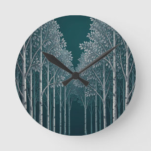 Dunkle Teal Weiße Birkenwald Bäume Runde Wanduhr