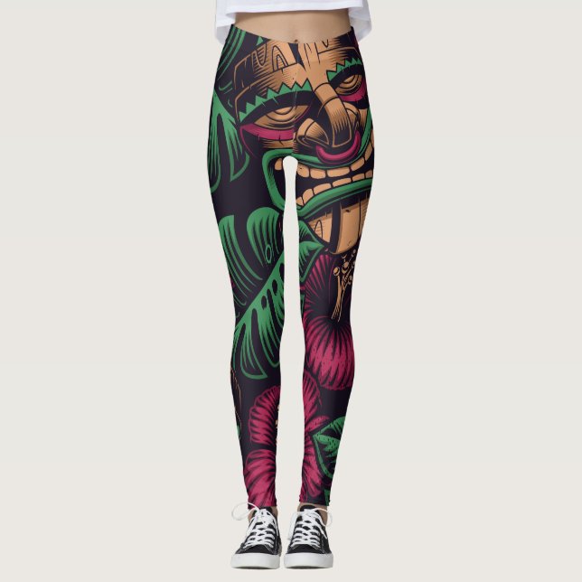 Dunkle Ticki-Maske und Hibiskus-Blume Leggings (Vorderseite)