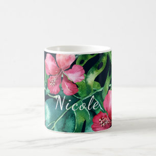 Dunkle tropische Palmblätter Hibiskus Blumen Insel Kaffeetasse