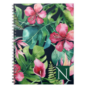 Dunkle tropische Palmblätter Hibiskus Blumen Insel Notizblock