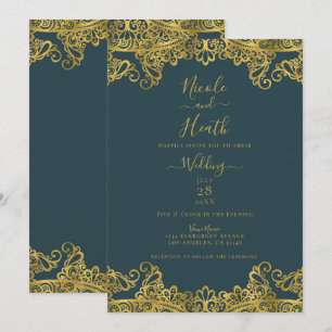 Dunkle Türkis- und Goldspitze Elegante Hochzeit Einladung