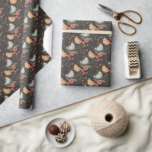 Dunkle und gemütliche Love Bird floral Botanisch Geschenkpapier (Kunsthandwerk)