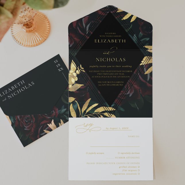 Dunkle Velvet Burgundy-Rose | Herbst Winter Weddin All-in-One-Einladung (Von Creator hochgeladen)