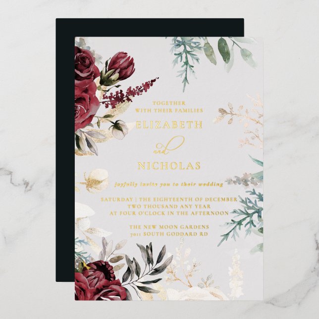Dunkle Velvet Burgundy-Rose | Herbst Winter Weddin Folieneinladung (Vorderseite/Rückseite)