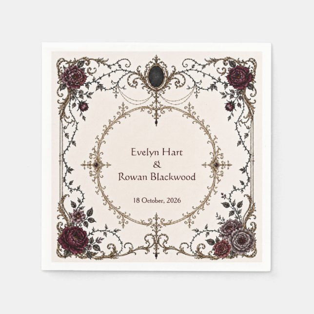 Dunkle viktorianisch-gotische Blumen-Hochzeitspapi Serviette (Vorderseite)