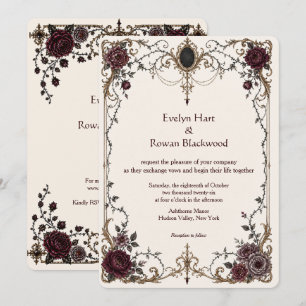 Dunkle viktorianisch-gotische florale Hochzeitsein Einladung