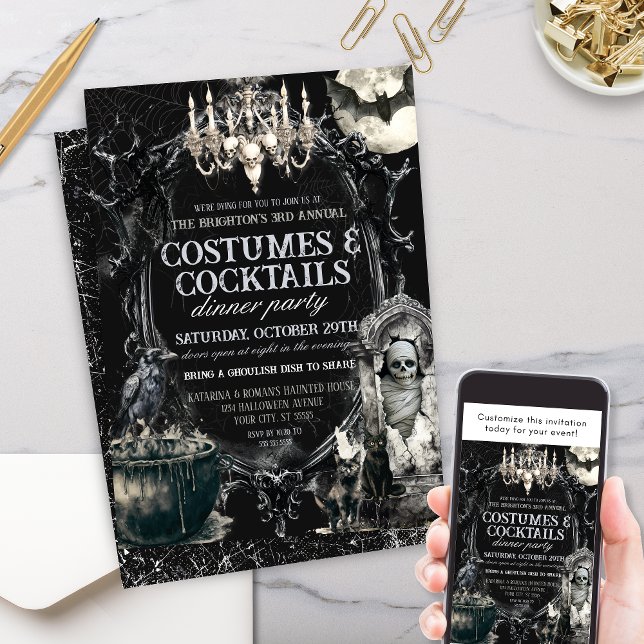 Dunkle Vintage Kostüme und Cocktails Halloween Einladung (Moody Vintage Black and White Costumes and Cocktails Halloween Party Invitation for dinner party)