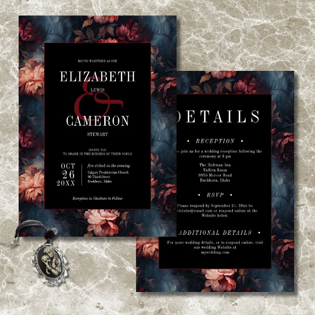 Dunkle Vintage Rot- und Rosa-Blütenhochzeit Einladung (Von Creator hochgeladen)