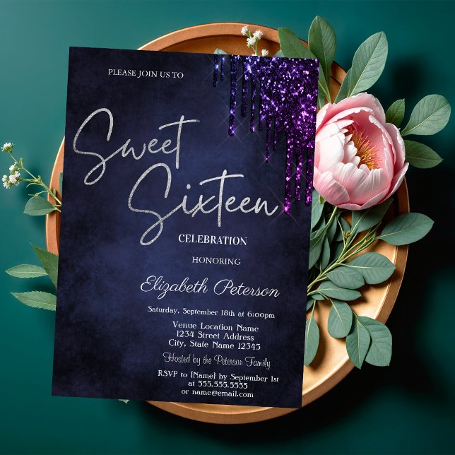 Dunkle Violett-Glitzer-Tropfen, Navy Blue Sweet 16 Einladung (Von Creator hochgeladen)