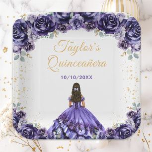 Dunkle violette Prinzessin Floral Quinceañera Pappteller