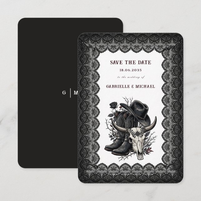 Dunkle Western Cowboy Gothic Spitze Save The Date (Vorne/Hinten)