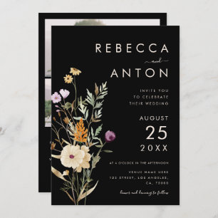 Dunkle Wildblume 3 Foto Collage QR Code Hochzeit Einladung