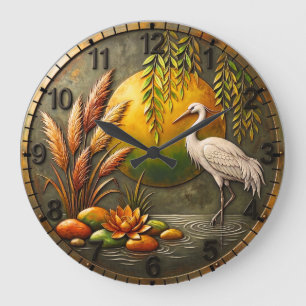 Dunkle Zahl Golden Zen Reiher & Lotus Runde Acrylw Große Wanduhr