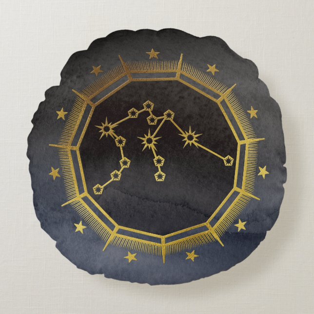 Dunkle Zodiac-Astrologie: Aquarius Black & Gold Rundes Kissen (Vorderseite)