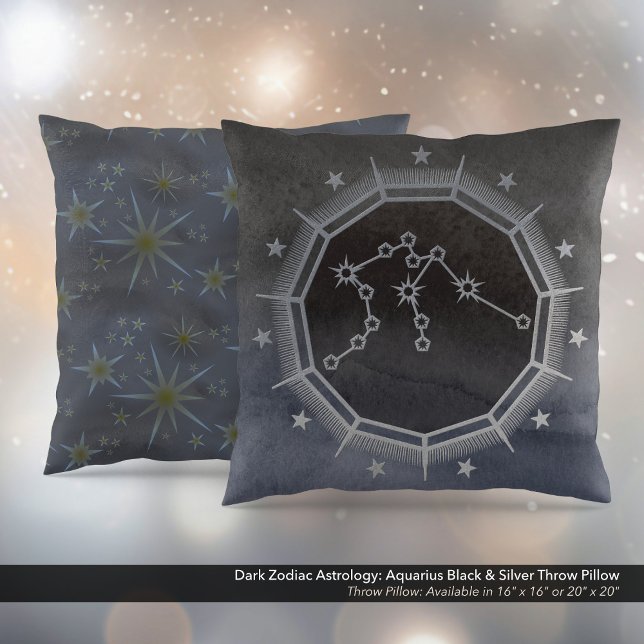 Dunkle Zodiac-Astrologie: Aquarius Black & Silver Kissen (Dark Zodiac Astrology: Aquarius Black & Silver Square Throw Pillow)