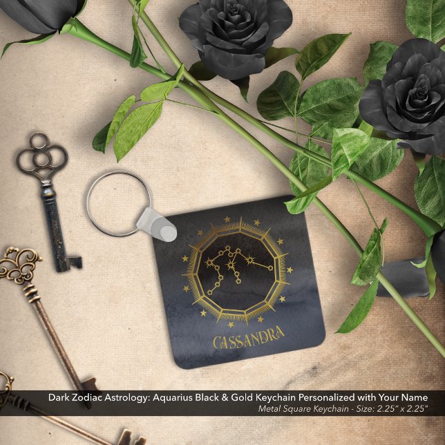 Dunkle Zodiac-Astrologie: Aquarius Schwarzer Silbe Schlüsselanhänger (Dark Zodiac Astrology: Aquarius Black & Gold Keychain Personalized with Your Name)