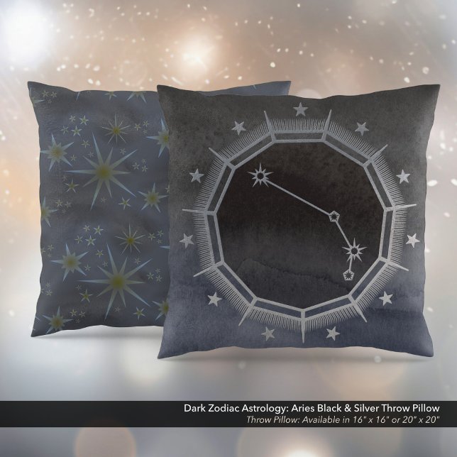 Dunkle Zodiac-Astrologie: Äries Black & Silver Kissen (Dark Zodiac Astrology: Aries Black & Silver Square Throw Pillow)