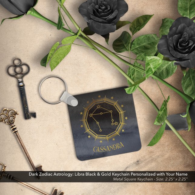 Dunkle Zodiac-Astrologie: Der Name Libra Black Schlüsselanhänger (Dark Zodiac Astrology: Libra Black & Gold Keychain Personalized with Your Name)