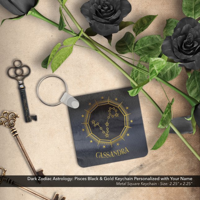 Dunkle Zodiac-Astrologie: Fisces Black Gold Name Schlüsselanhänger (Dark Zodiac Astrology: Pisces Black & Gold Keychain Personalized with Your Name)