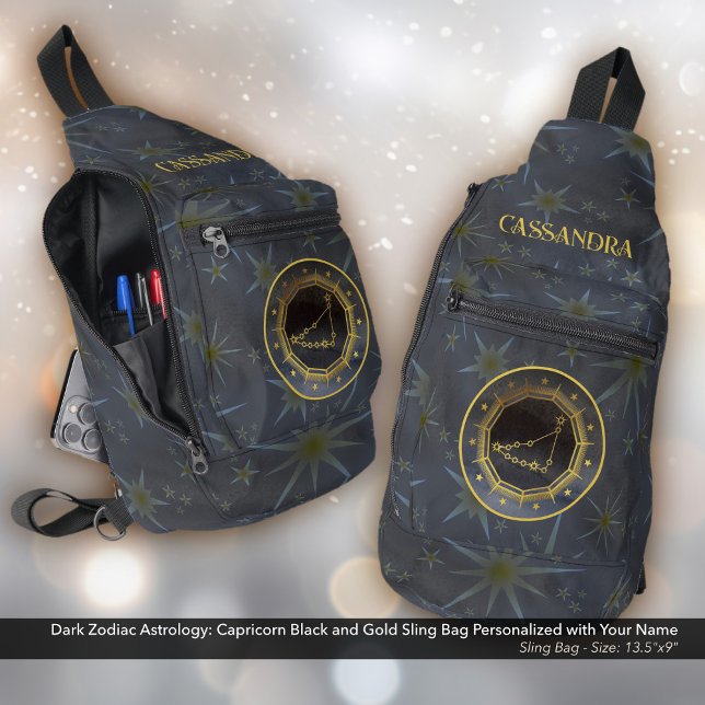 Dunkle Zodiac-Astrologie: Goldname von Capricorn Crossbody Bag (Dark Zodiac Astrology: Capricorn Black and Gold Sling Bag -  Personalized with Your Name.)