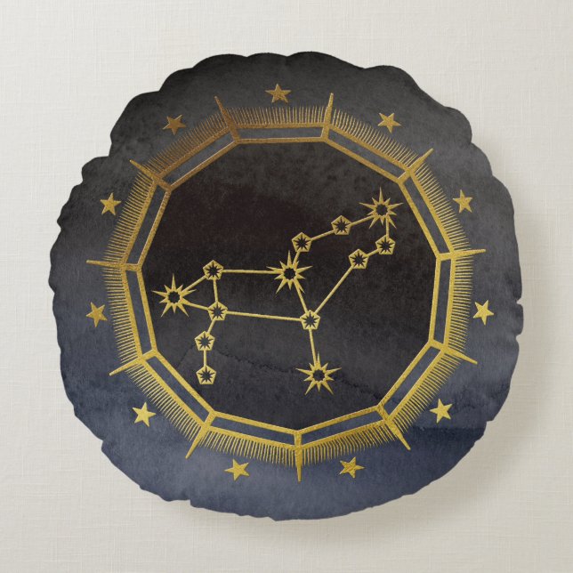 Dunkle Zodiac-Astrologie: Leo Black & Gold Rundes Kissen (Vorderseite)
