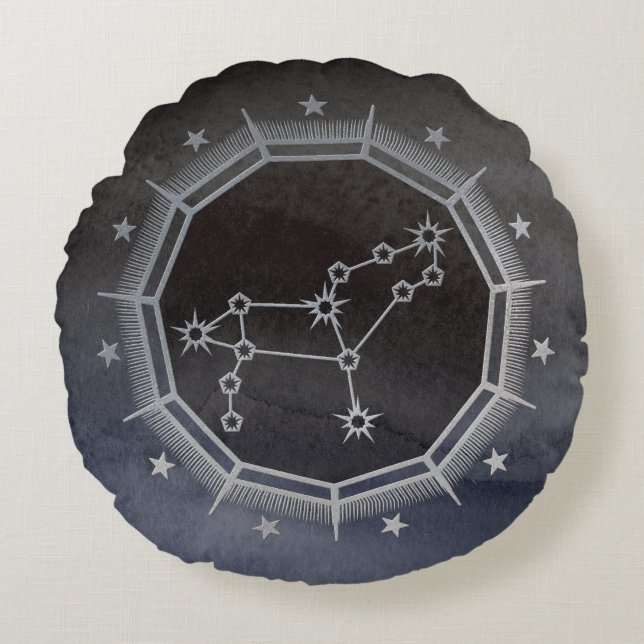 Dunkle Zodiac-Astrologie: Leo Black & Silver Rundes Kissen (Vorderseite)