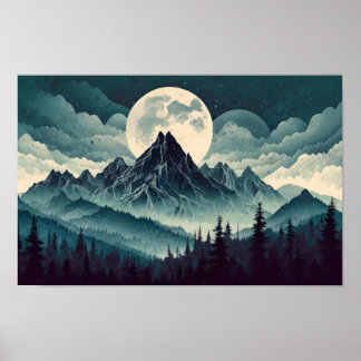 Dunkler Berg mit großem Mond Poster