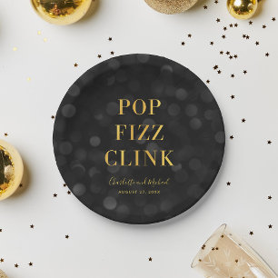 Dunkler Bokeh-Faux-Gold-Pop-Fizz-Klirren Pappteller