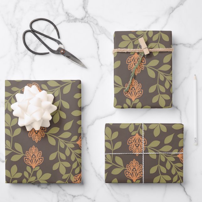 Dunkler brauner Hintergrund mit lebendigen florale Geschenkpapier Set (Vorderseite)