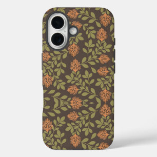 Dunkler brauner Hintergrund mit lebendigen florale iPhone 16 Hülle