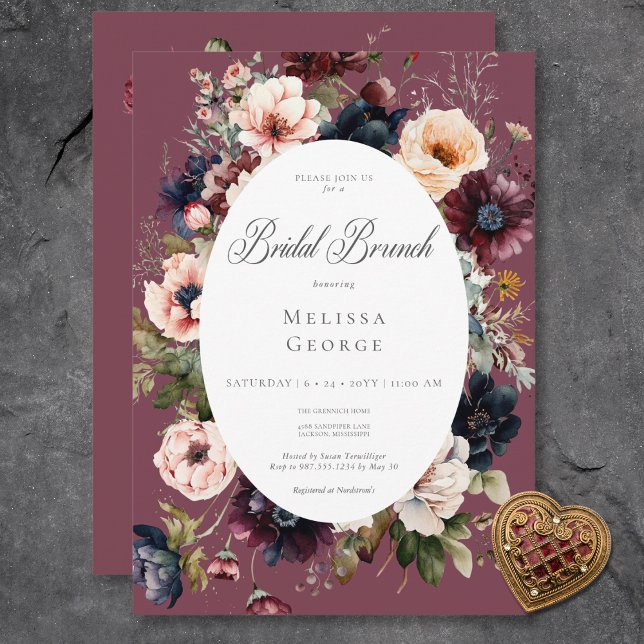 Dunkler Burgund Oval Blumenrahmen Bridal Brunch Einladung (Dark Burgundy Oval Floral Frame Bridal Brunch Invitation)