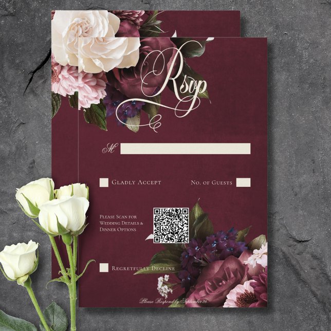 Dunkler Eleganter Burgundy & Cream Floral QR Code RSVP Karte (Dark Elegant Burgundy & Cream Floral QR Code RSVP Card)
