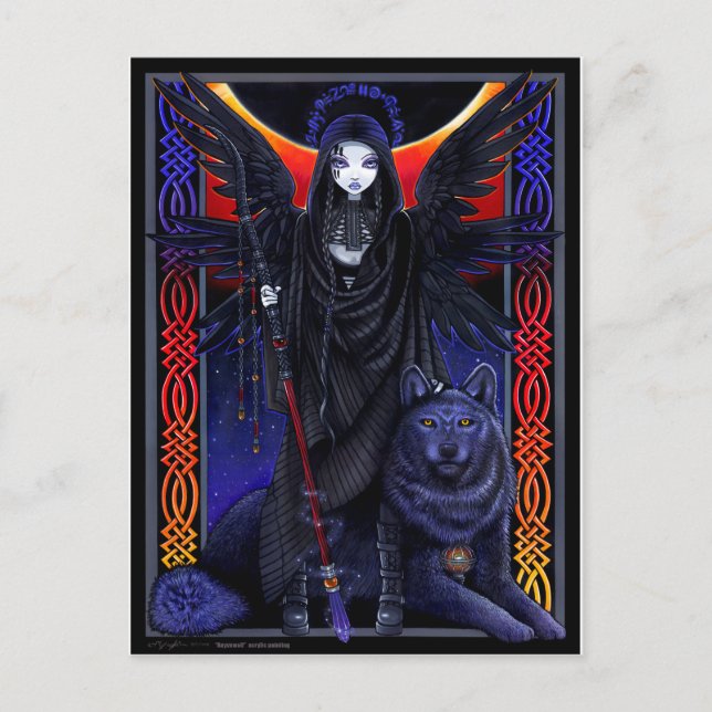 Dunkler Engel und Wolf. Rayvnwolf von Myka Jelina Postkarte (Vorderseite)