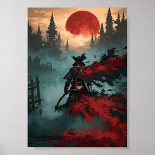 Dunkler Fantasy-Jäger mit Sense und rotem Mond Poster