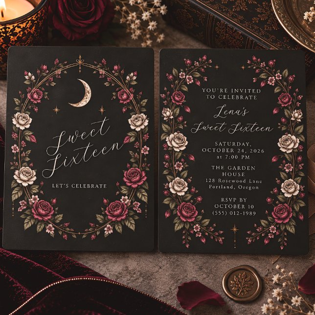 Dunkler Floral Mond Geburtstag Einladung (Von Creator hochgeladen)