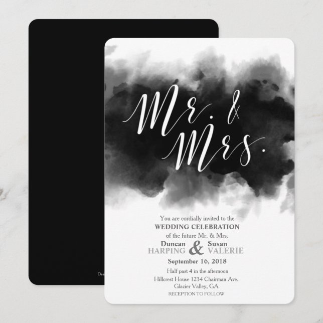 Dunkler Goth Herr und Frau Watercolor Wedding Einladung (Vorne/Hinten)