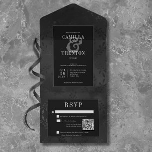 Dunkler Gothic Schwarz & Schwarzer Blumen Satin QR All In One Einladung