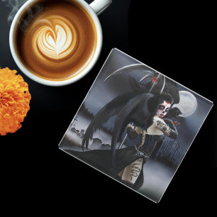 Dunkler gothischer Engel Tod Zuckerschädel Fantasy Glasuntersetzer