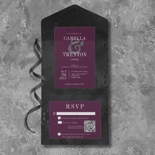 Dunkler gotischer schwarzer Wein floraler Satin QR All In One Einladung
